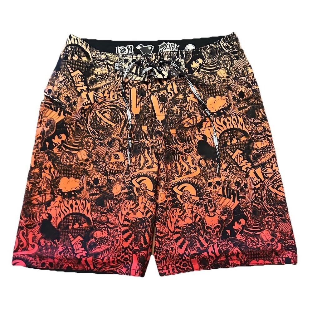 VTG Lost Enterprises Mayhem Board Shorts Size 33 Bikini Girls Skull Crown Y2K